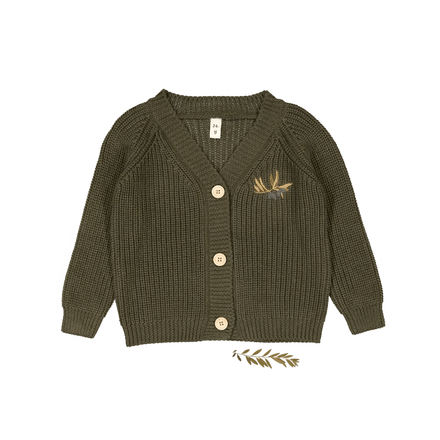 The Chunky Knit Cardigan - Olive Moss - Sleeve, Textile, Cardigan, Collar, Woolen | Everetts Place