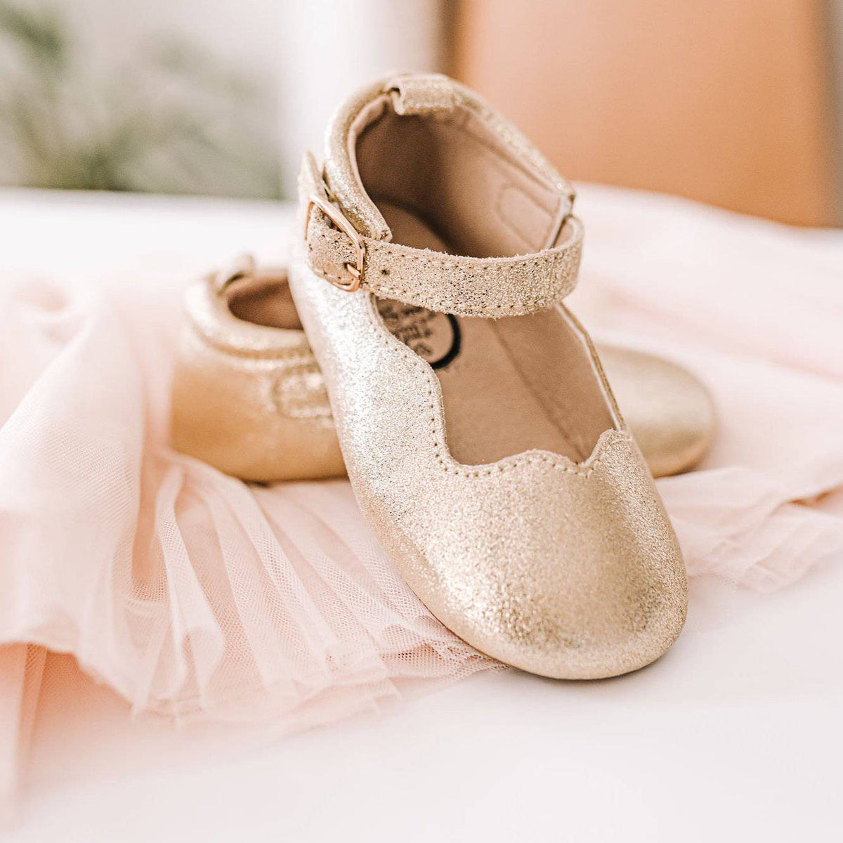 Pair of soft sole leather Mary Jane shoes for babies and toddlers with rounded toes and single instep straps