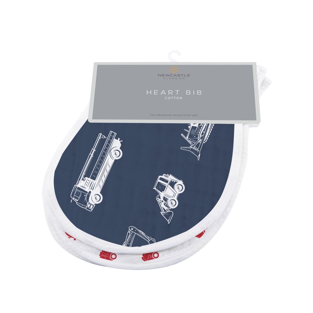 Newcastle Classics Things That Go Heart Bibs 2 Pack Soft Cotton Absorbent Bibs for Babies - 