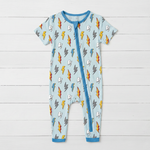 Baby romper with long sleeves and legs in a thunderbolt print, with a two-way front zipper