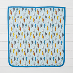 Swaddle blanket with thunderbolt print, 45 by 45 inches, shown spread flat