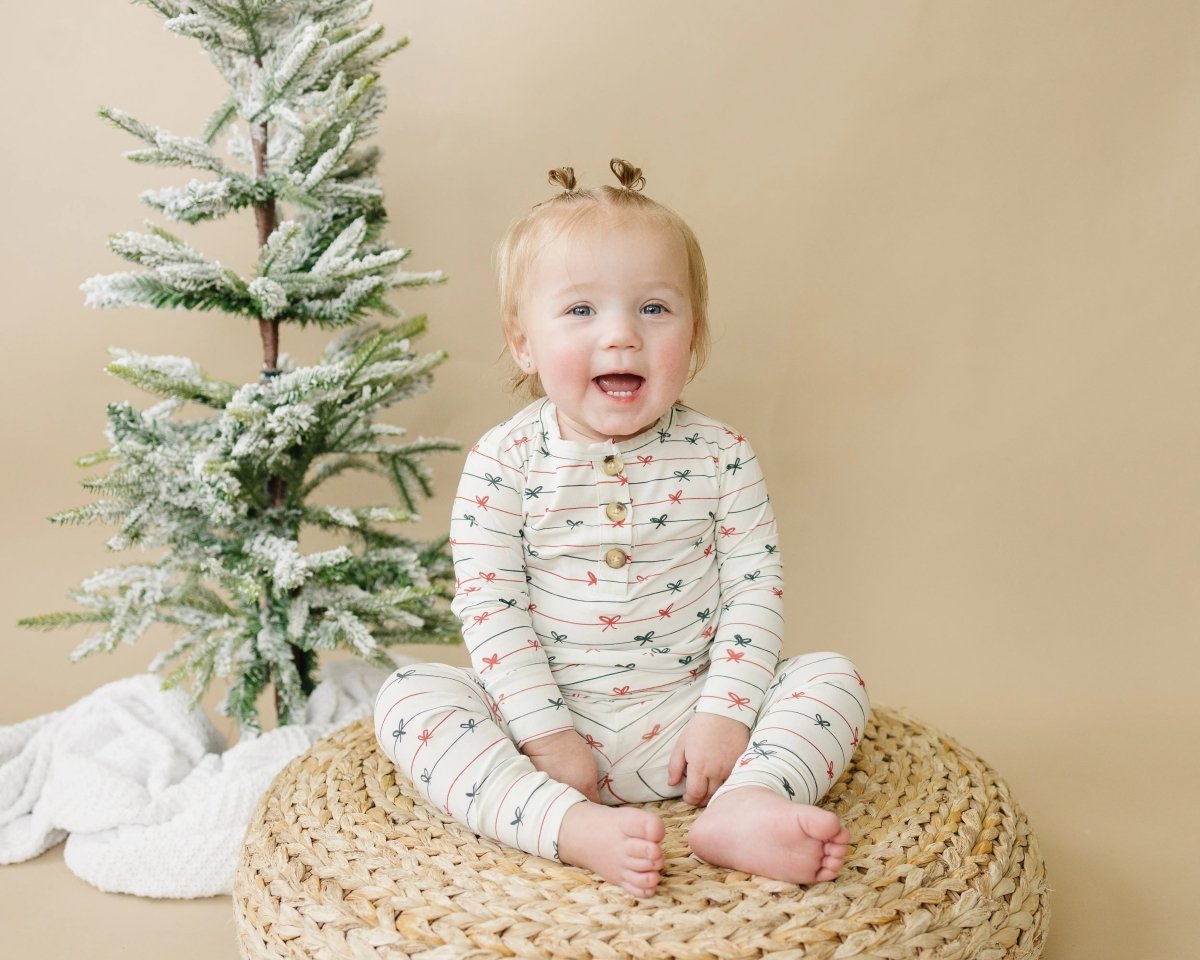 Little Joy Co. Tied With a Bow Christmas 2Pc Henley Bamboo Pajamas - Everetts Place Boutique - 