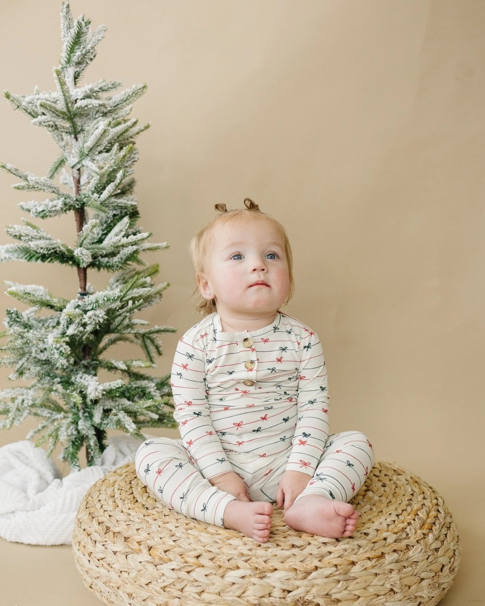 Little Joy Co. Tied With a Bow Christmas 2Pc Henley Bamboo Pajamas - Everetts Place Boutique - 