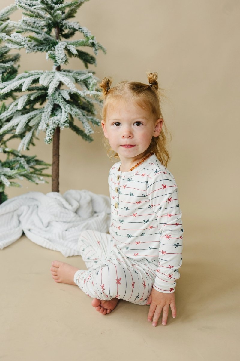 Little Joy Co. Tied With a Bow Christmas 2Pc Henley Bamboo Pajamas - Everetts Place Boutique - 