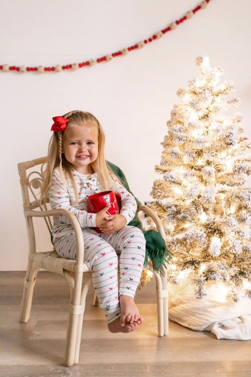 Little Joy Co. Tied With a Bow Christmas 2Pc Henley Bamboo Pajamas - Everetts Place Boutique - 