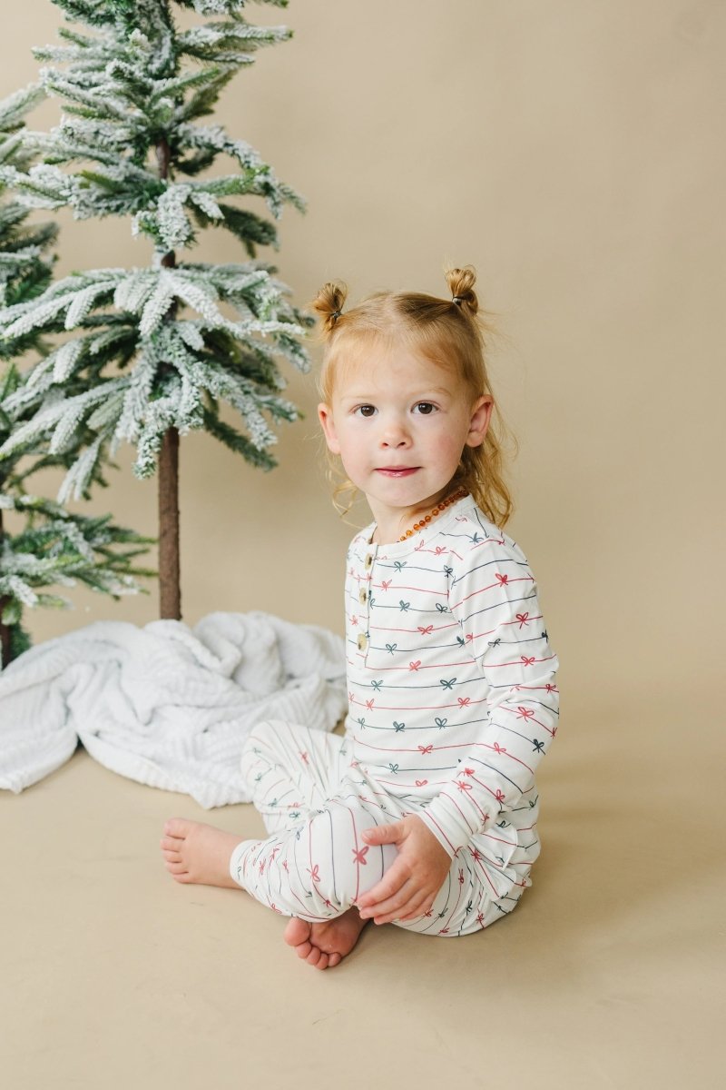 Little Joy Co. Tied With a Bow Christmas 2Pc Henley Bamboo Pajamas - Everetts Place Boutique - 