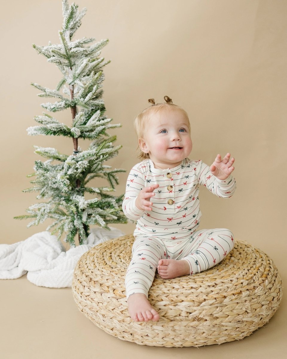 Little Joy Co. Tied With a Bow Christmas 2Pc Henley Bamboo Pajamas - Everetts Place Boutique - 