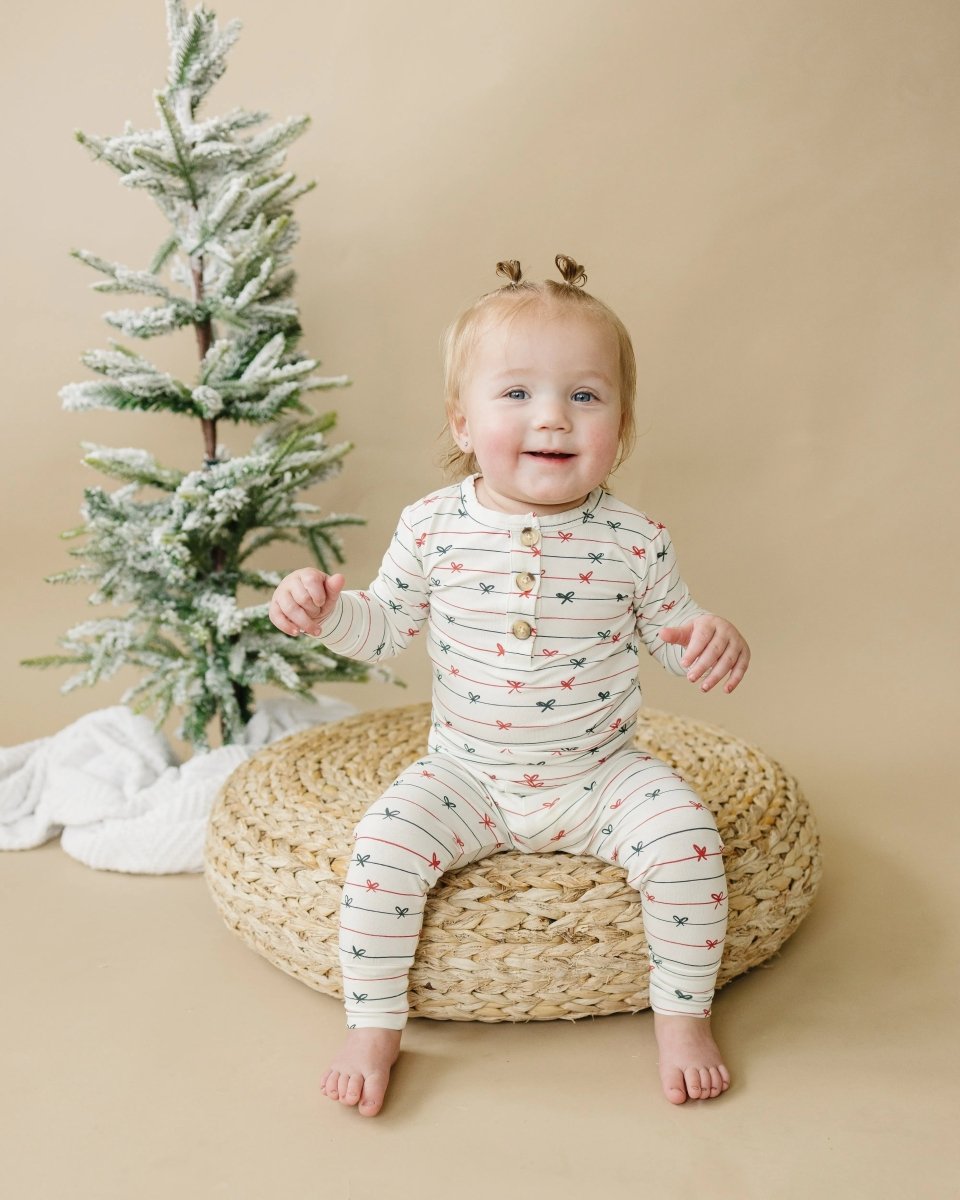 Little Joy Co. Tied With a Bow Christmas 2Pc Henley Bamboo Pajamas - Everetts Place Boutique - 