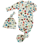 Baby gown with fold-over mittens and matching hat in the Timeless Toys print.