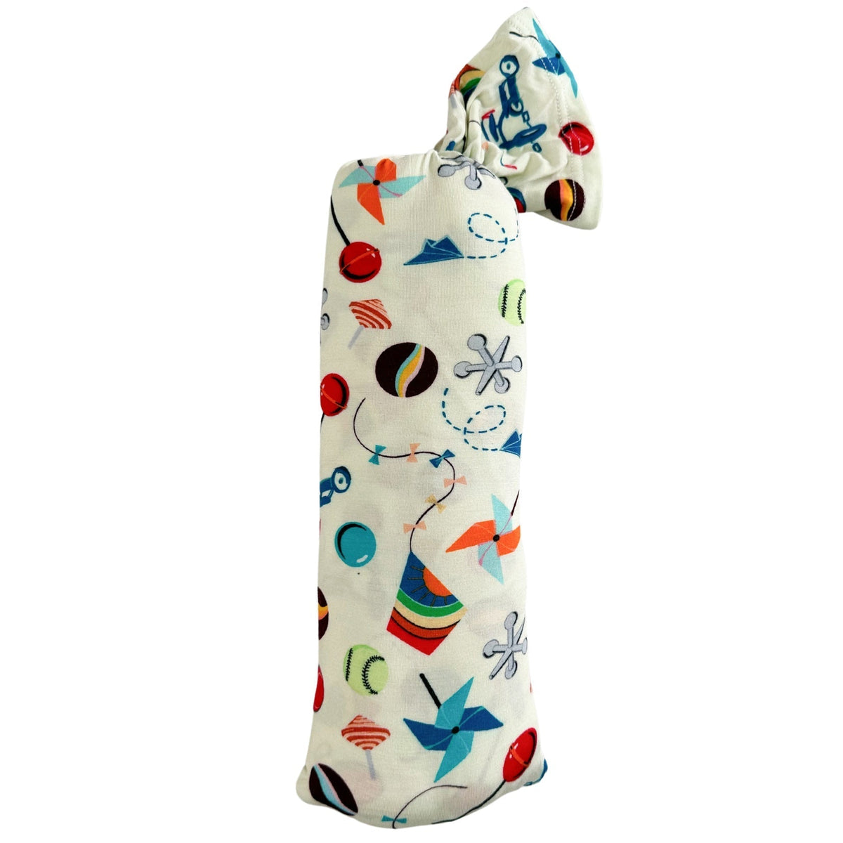 Square bamboo baby swaddle blanket printed with a timeless toys pattern.