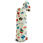 Square bamboo baby swaddle blanket printed with a timeless toys pattern.