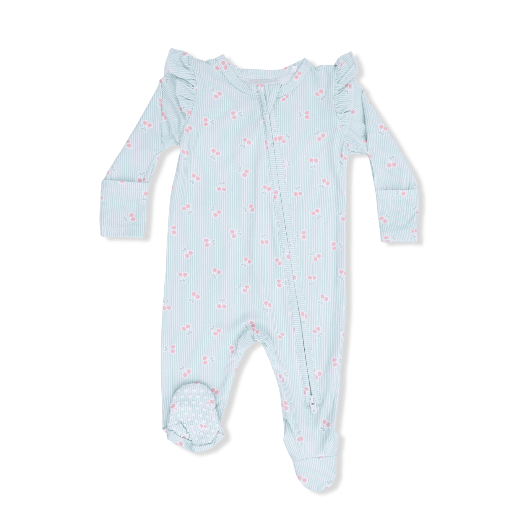 Angel Dear Tiny Cherry Stripe - 2 Way Ruffle Sleeve Zipper Footie - 