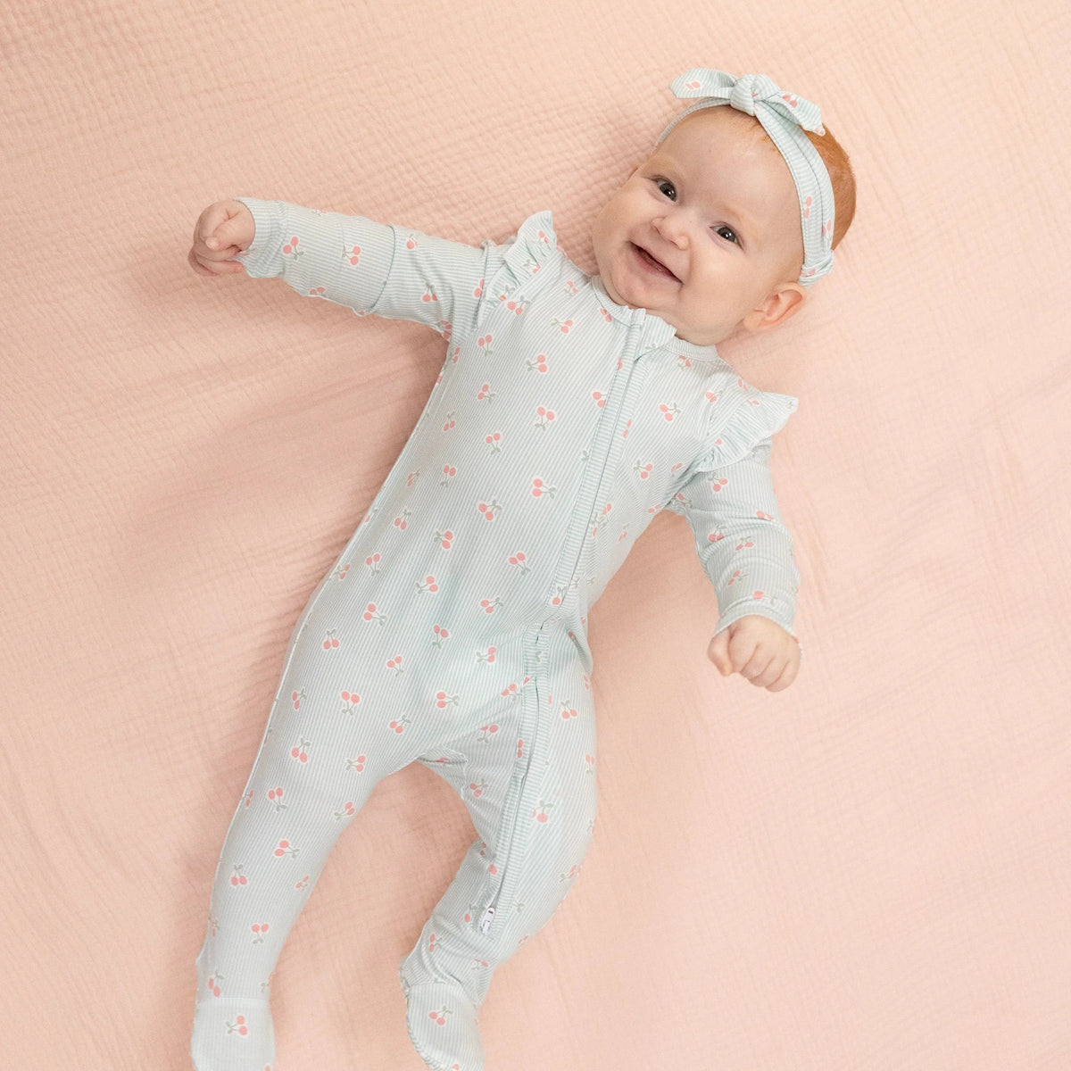Angel Dear Tiny Cherry Stripe - 2 Way Ruffle Sleeve Zipper Footie - 