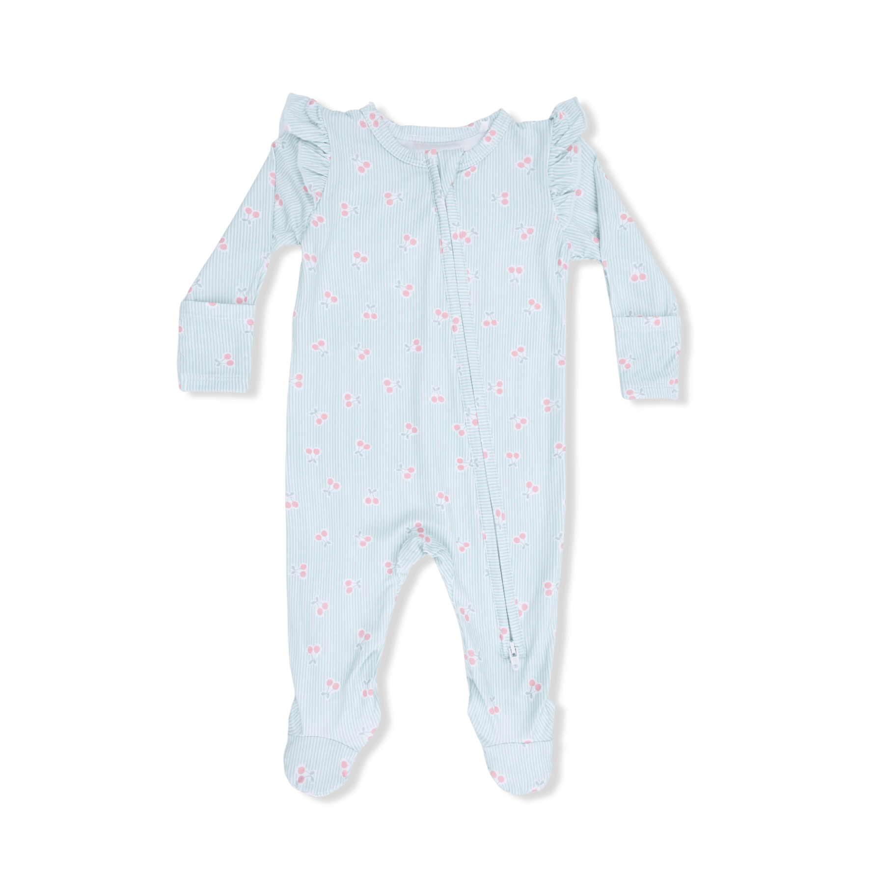 Angel Dear Tiny Cherry Stripe - 2 Way Ruffle Sleeve Zipper Footie - 