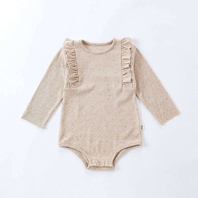 Tiny dots pattern long sleeve onesies in khaki, suitable for baby girls and boys aged 3-24 months, perfect for spring and autumn.