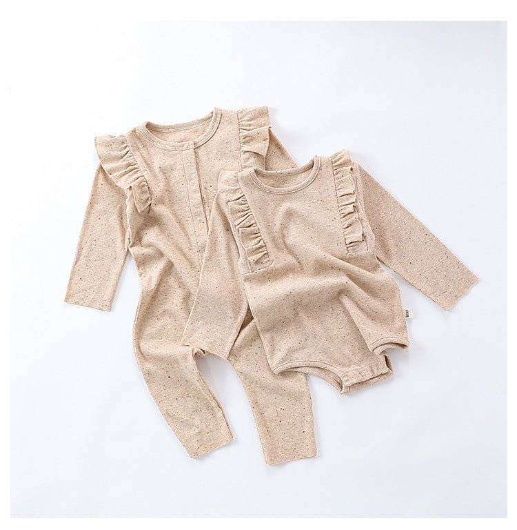 Tiny dots pattern long sleeve onesies in khaki and coffee for baby girls and boys.