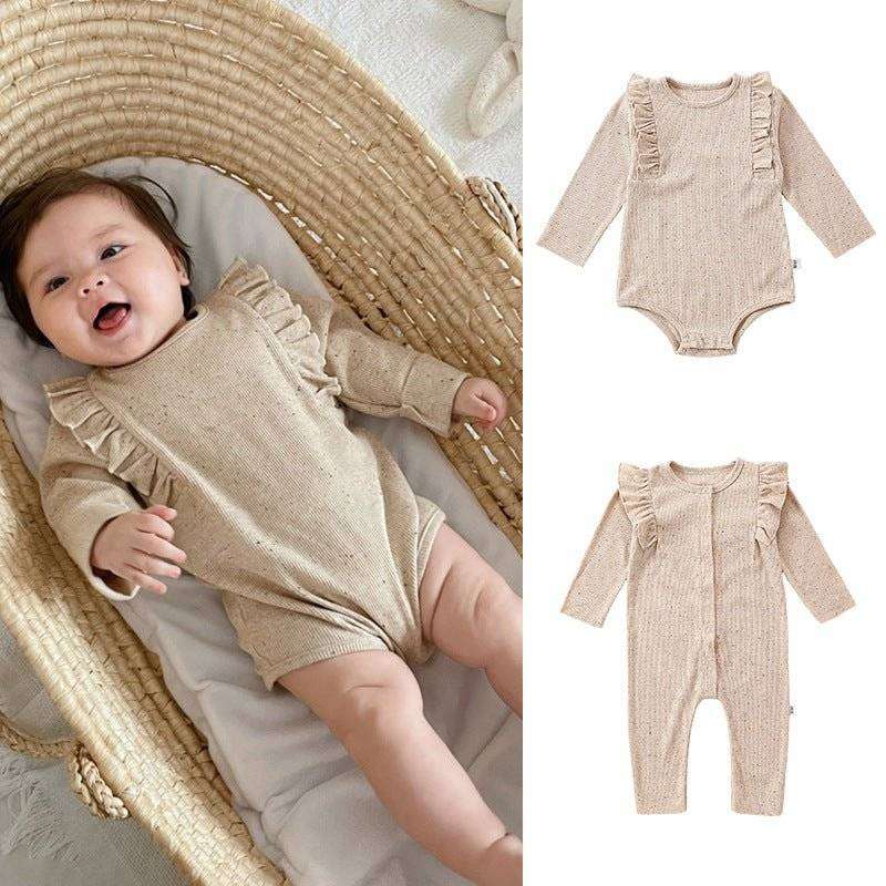 Tiny dots pattern long sleeve onesies in khaki for babies, suitable for spring and autumn.