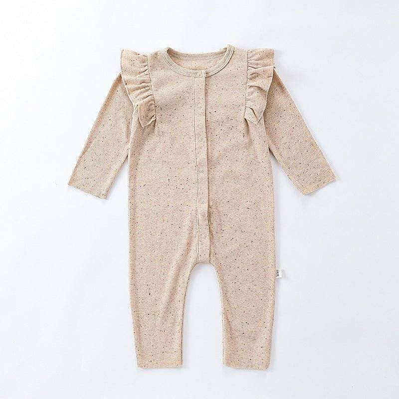 Khaki long sleeve onesie with tiny dots pattern and ruffles for babies.