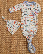 Baby knot gown and matching hat in a tiny trucker print with fold-over hand mittens