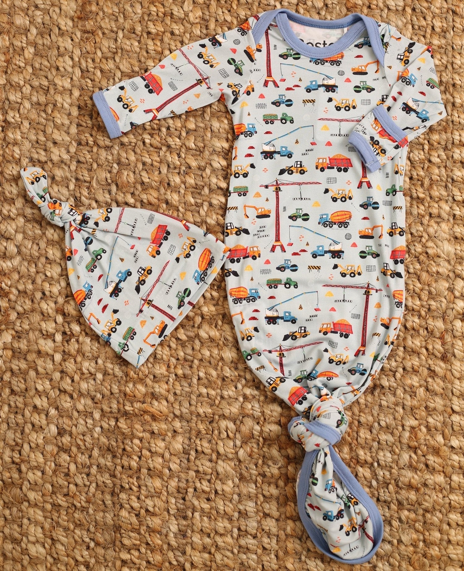 Baby knot gown and matching hat in a tiny trucker print with fold-over hand mittens