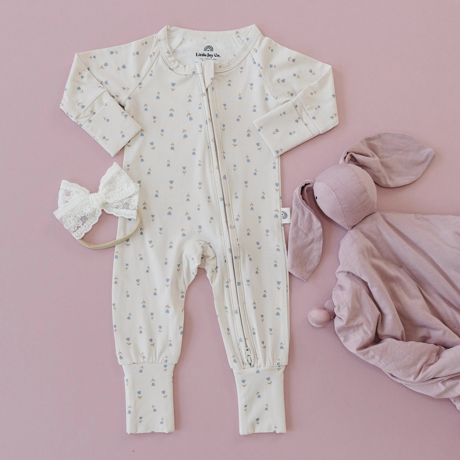 Tiny Tulips Bamboo Zippy Pajamas - White, Textile, Pink, Baby & Toddler Clothing, Pattern | Everetts Place
