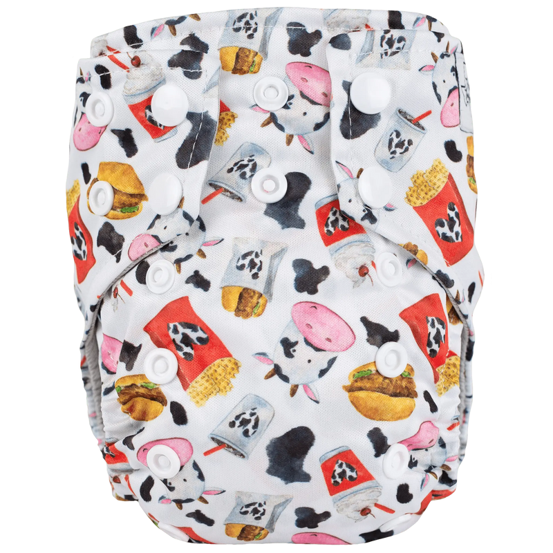 Tiny Tushies Newborn AIO Cloth Diaper with cow and fast food print, adjustable snaps.