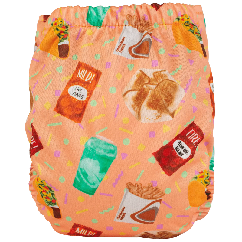 Tiny Tushies Newborn AIO Cloth Diaper with colorful fast food design.