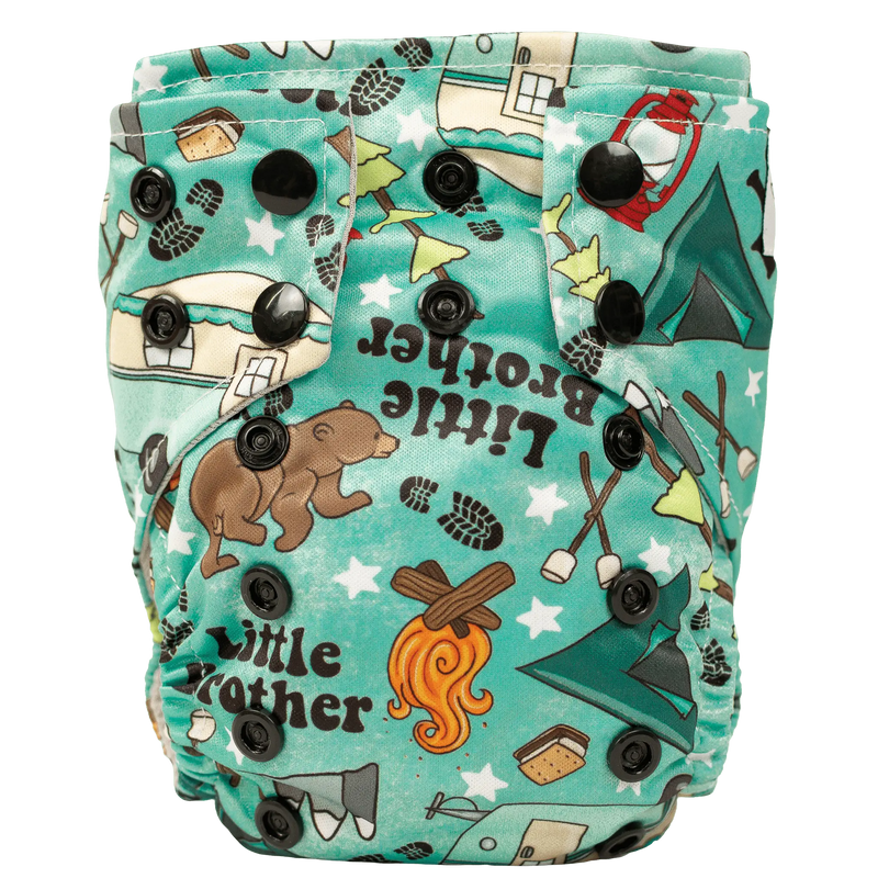Tiny Tushies Newborn AIO Cloth Diaper with fun camping print and secure snaps.