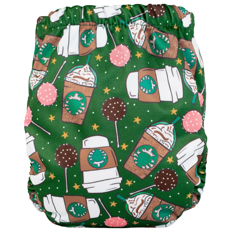 Tiny Tushies Newborn AIO Cloth Diaper with coffee and donut print, reusable pocket diaper.