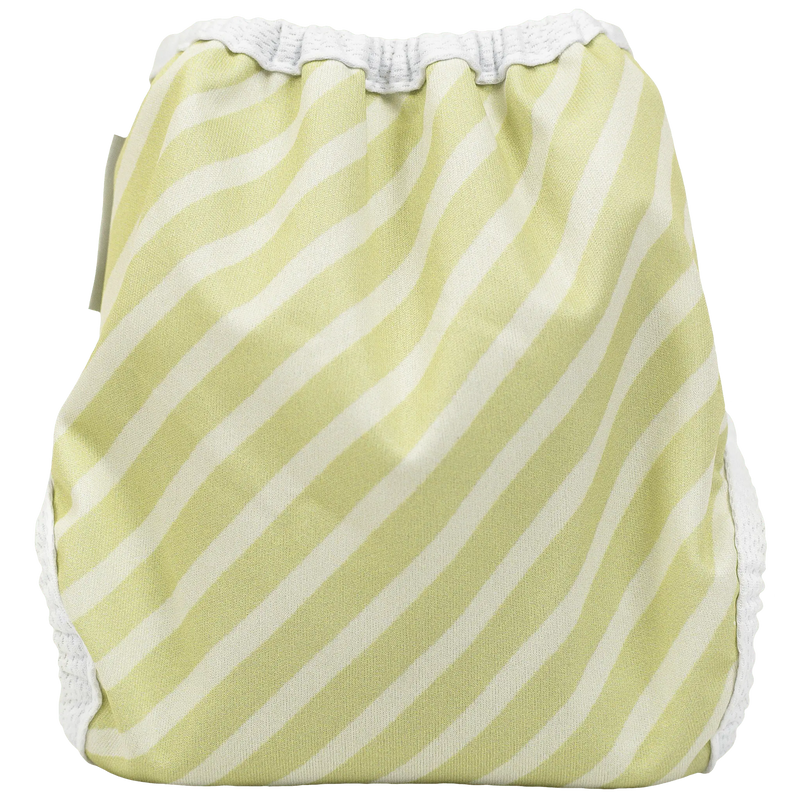 Tiny Tushies Newborn Hook & Loop Cover with green stripes, adjustable for 5-20 lbs.