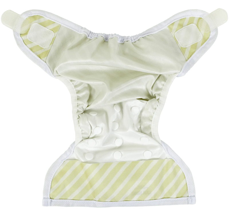 Tiny Tushies Newborn Cover with adjustable hook and loop closure, suitable for 5-20 lbs, featuring umbilical cord snap down and wipeable PUL.