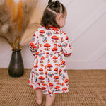 Long sleeve twirl dress with a whimsical toadstool print in pink and red