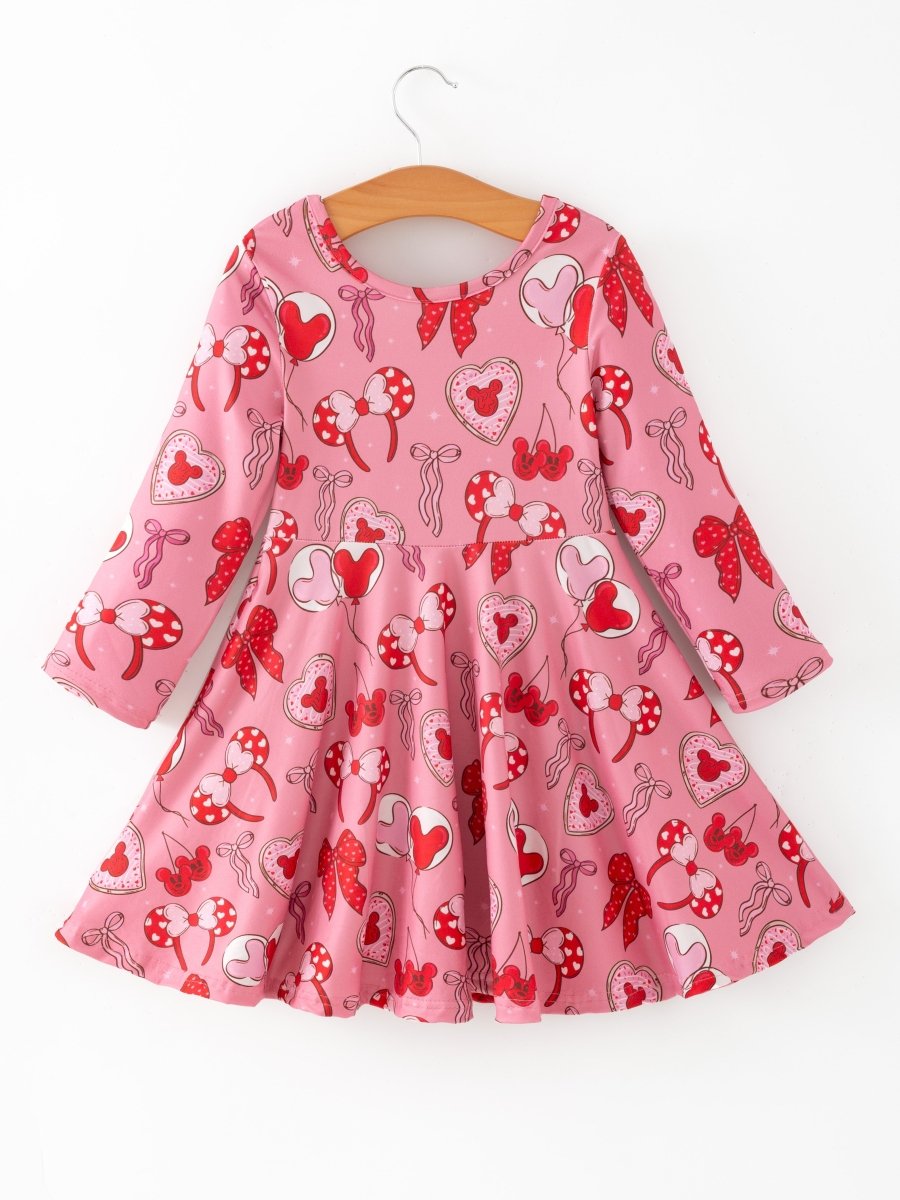 Rylee Faith Designs Toddler Girls Valentine Party Pink Dress – Red Bow Heart Print Outfit - 
