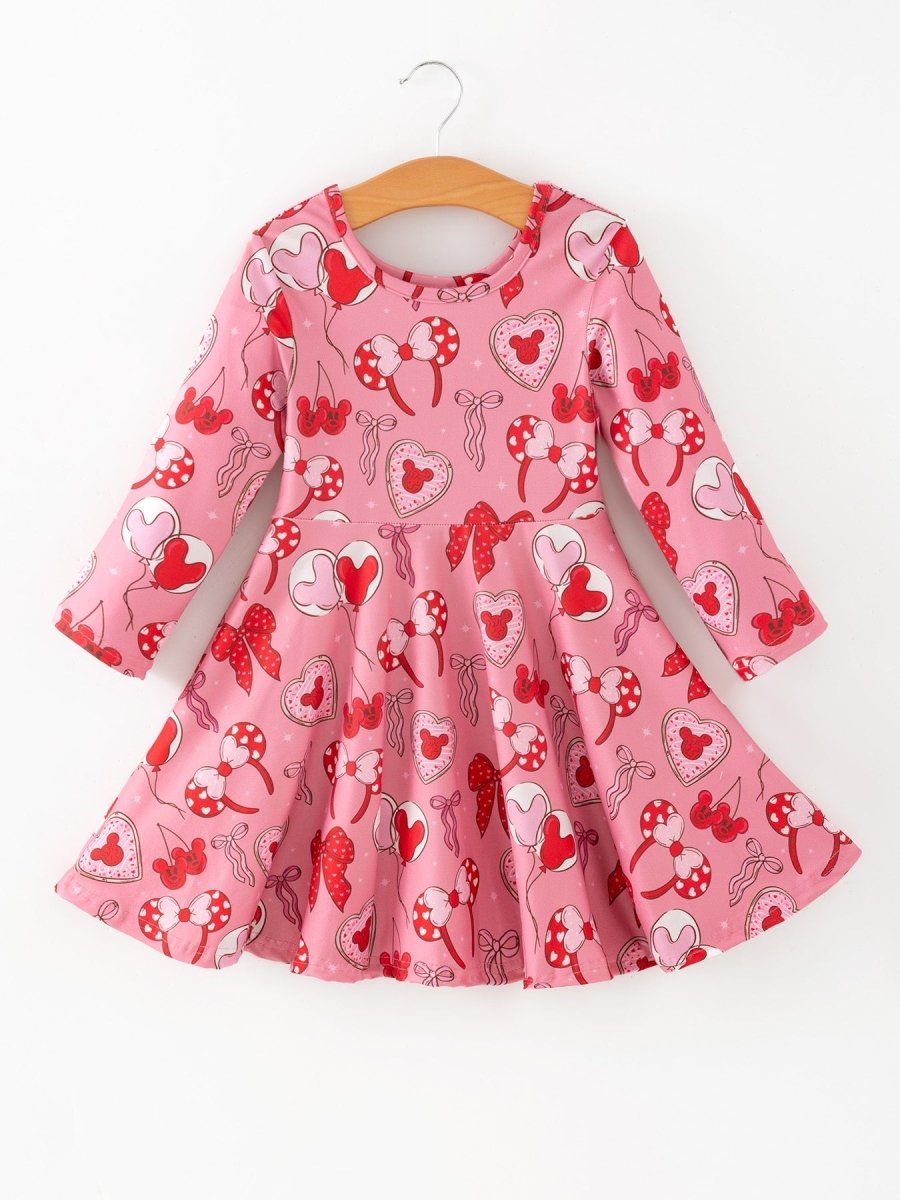 Rylee Faith Designs Toddler Girls Valentine Party Pink Dress – Red Bow Heart Print Outfit - 