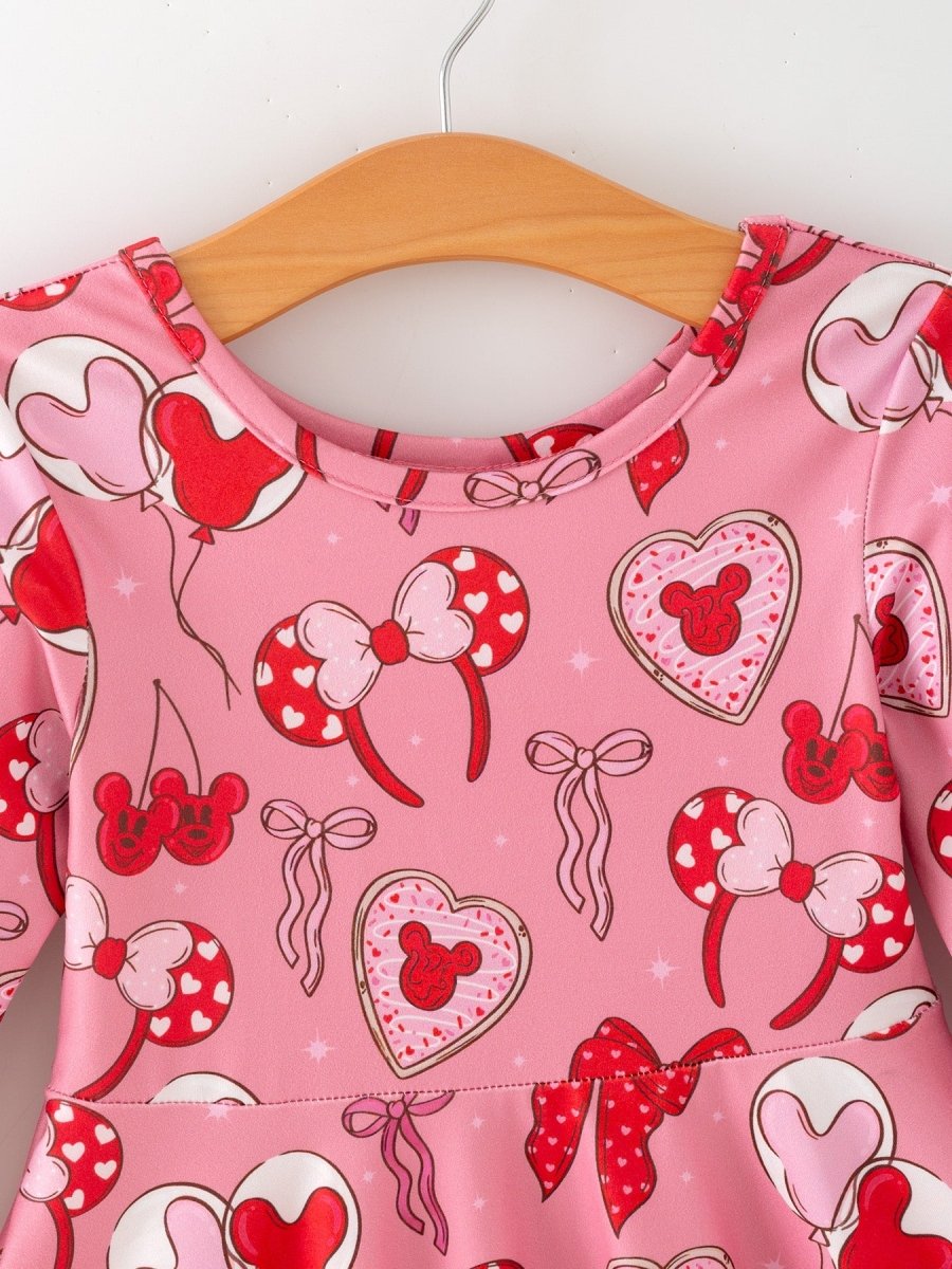 Rylee Faith Designs Toddler Girls Valentine Party Pink Dress – Red Bow Heart Print Outfit - 