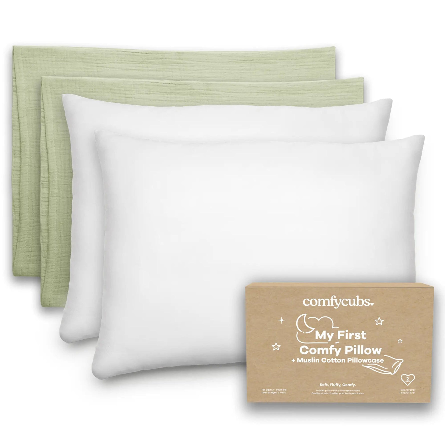 Comfy Cubs Toddler Pillows with Soft Muslin Pillow Case in Sage - 