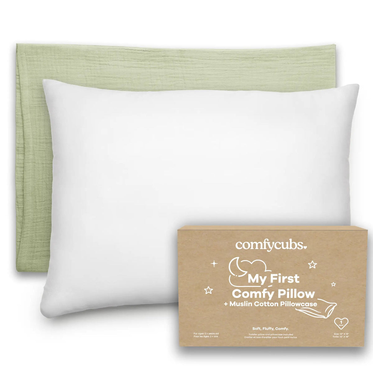 Comfy Cubs Toddler Pillows with Soft Muslin Pillow Case in Sage - 