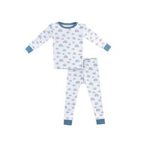 Toddler two-piece bamboo pajama set with long-sleeve top and pants in a blue rainbow print