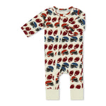Baby coverall romper with a football touchdown print, long sleeves, cuffed ankles, and a front zipper