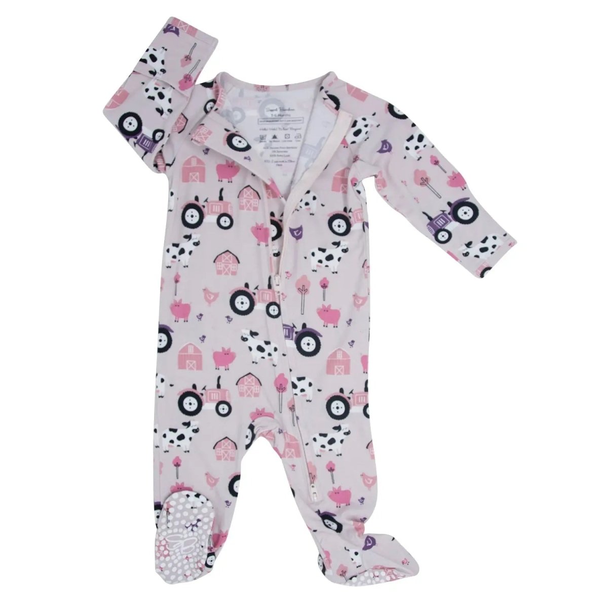 Sweet Bamboo Tractors And Cows Zipper Footie With Two Way Zip For Busy Parents - 