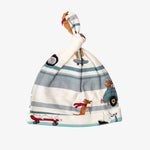 Baby knot-top beanie with a traffic jam print of cars and trucks