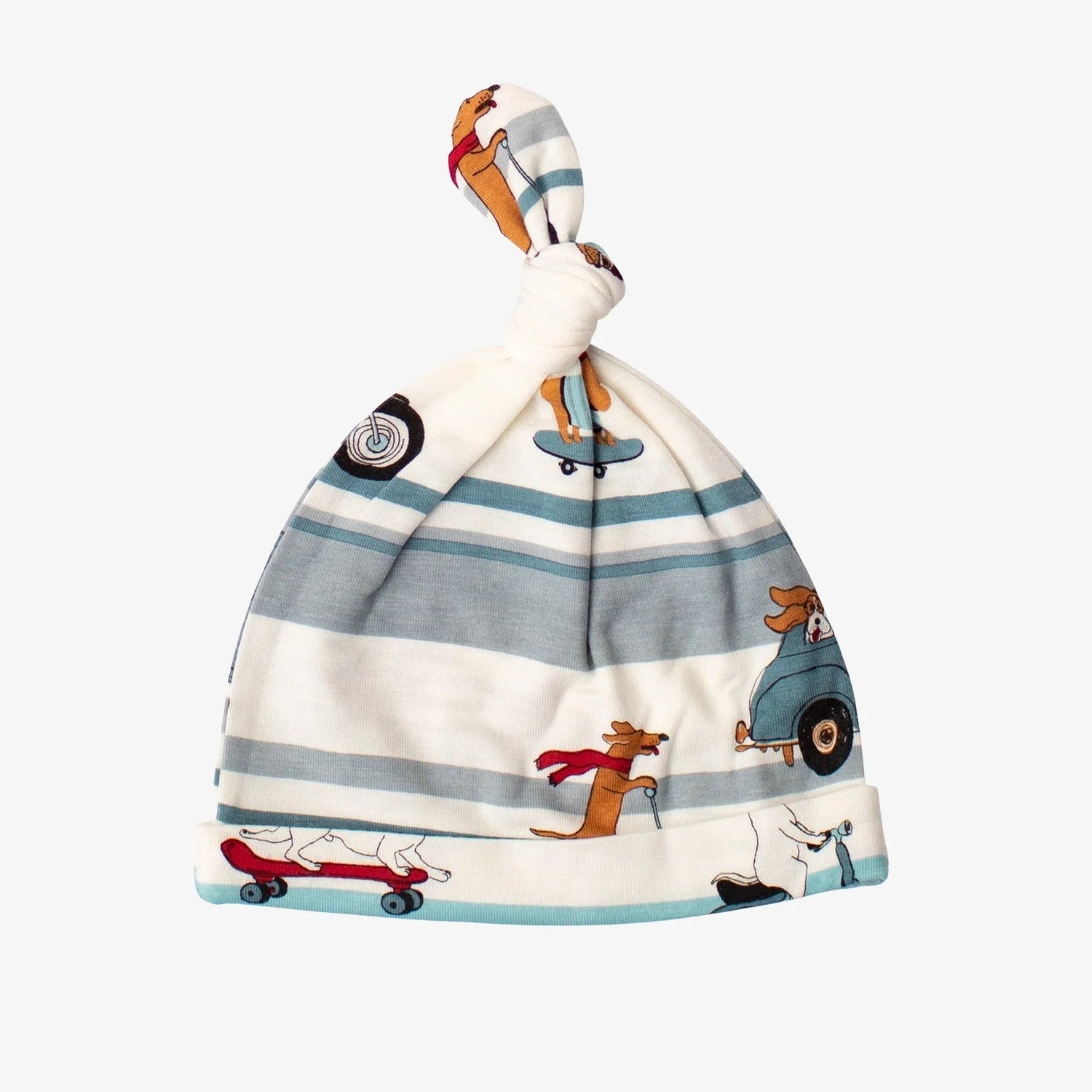 Baby knot-top beanie with a traffic jam print of cars and trucks