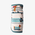 Square baby swaddle blanket with a colorful traffic jam print of cars and trucks