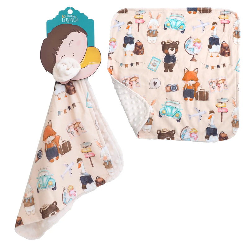 Mini Minky toddler blanket with playful world explorer design and Minky dot texture.