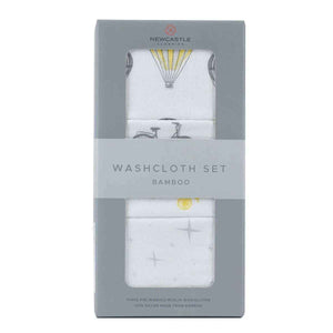 Bamboo baby washcloth set with a whimsical World Traveler print featuring travel-themed illustrations