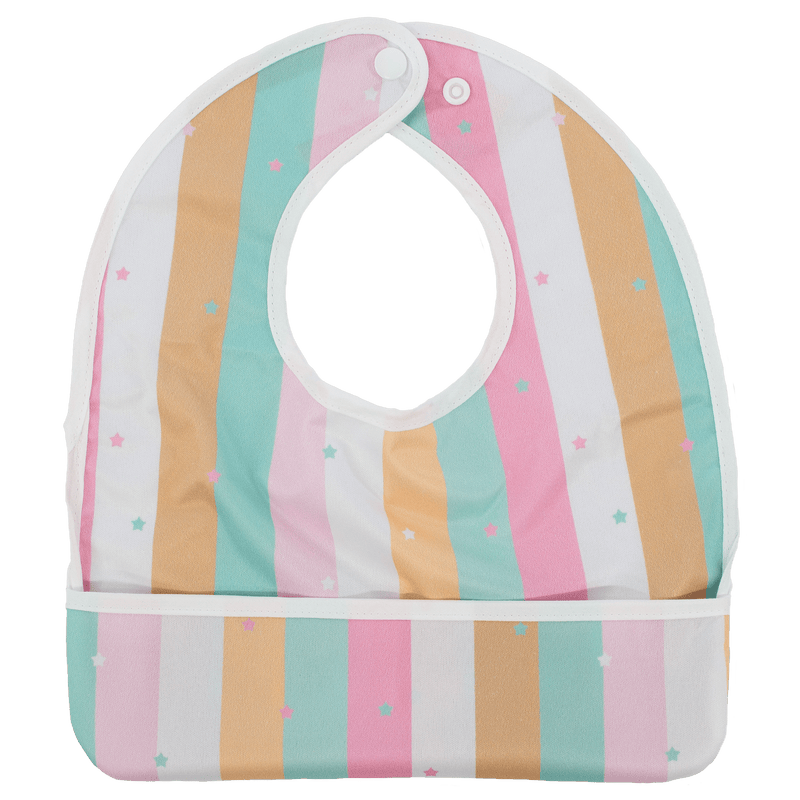 Triple Treat Flip Bib with pocket, pastel striped design.