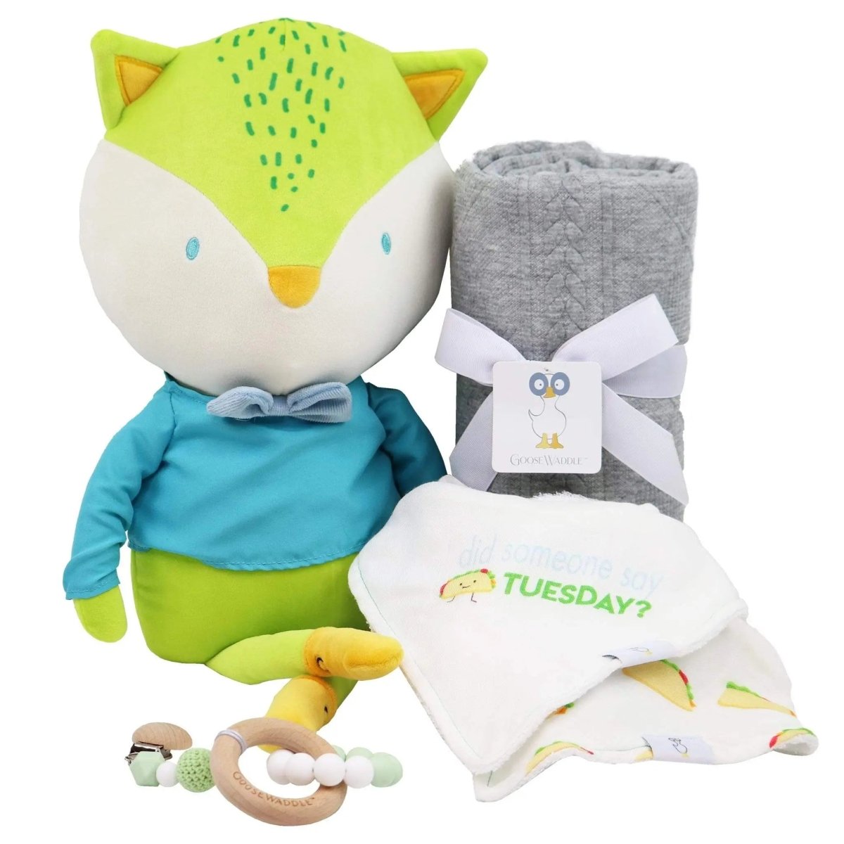 Goosewaddle® | Newborn Baby Blankets Toys Teethers Bibs & More Tripp the Fox Gift Set with Plush Toy and Storybook