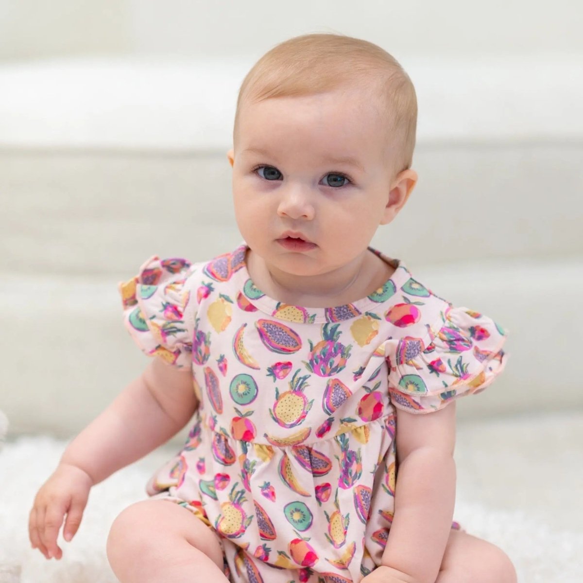 Sweet Bamboo Tropical Fruit Ruffle Romper with Flutter Sleeves for Summer Girls - 