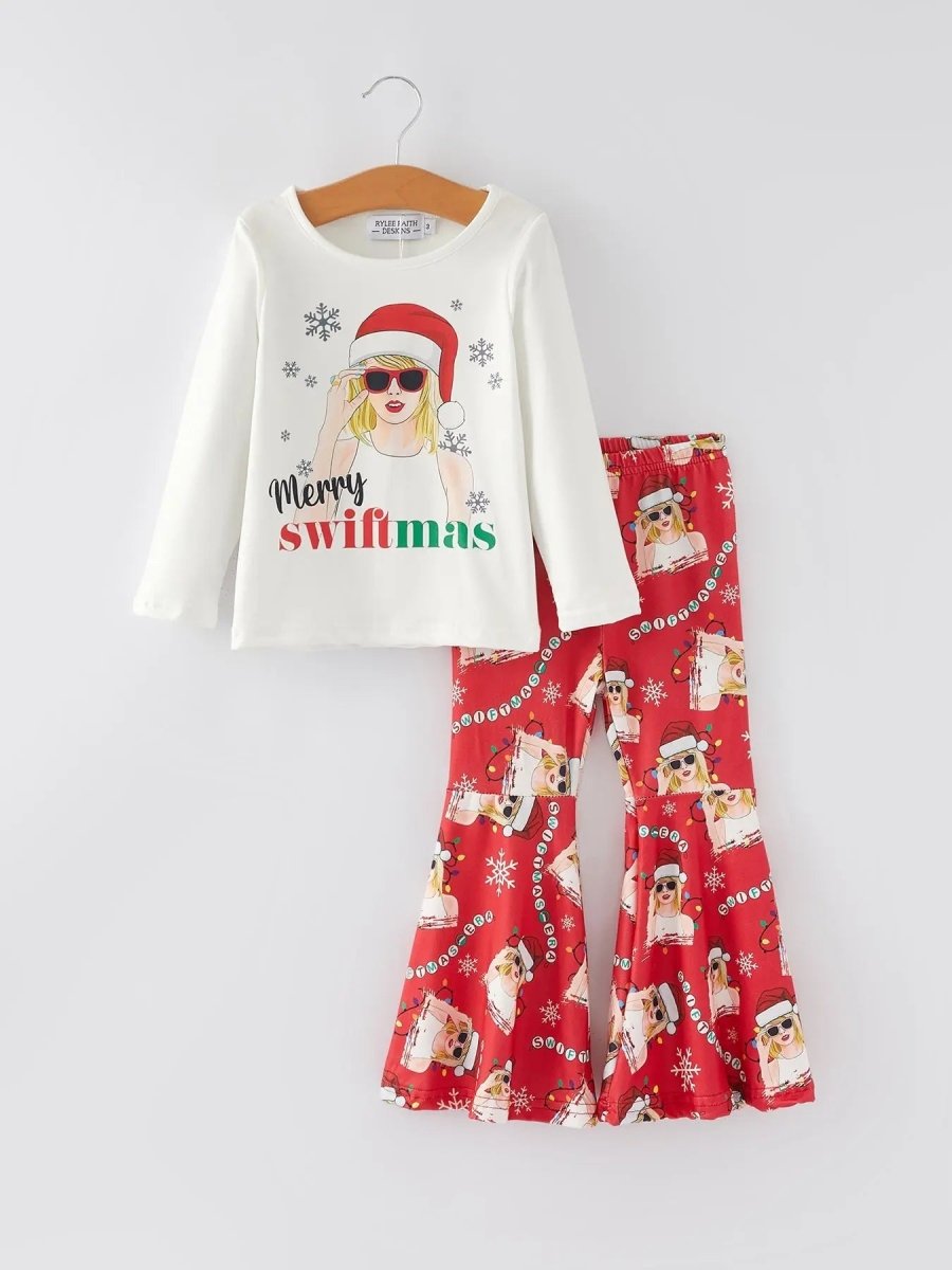 Rylee Faith Designs TS Christmas White Print Top And Pants Girls Outfits Set - Everetts Place Boutique - 