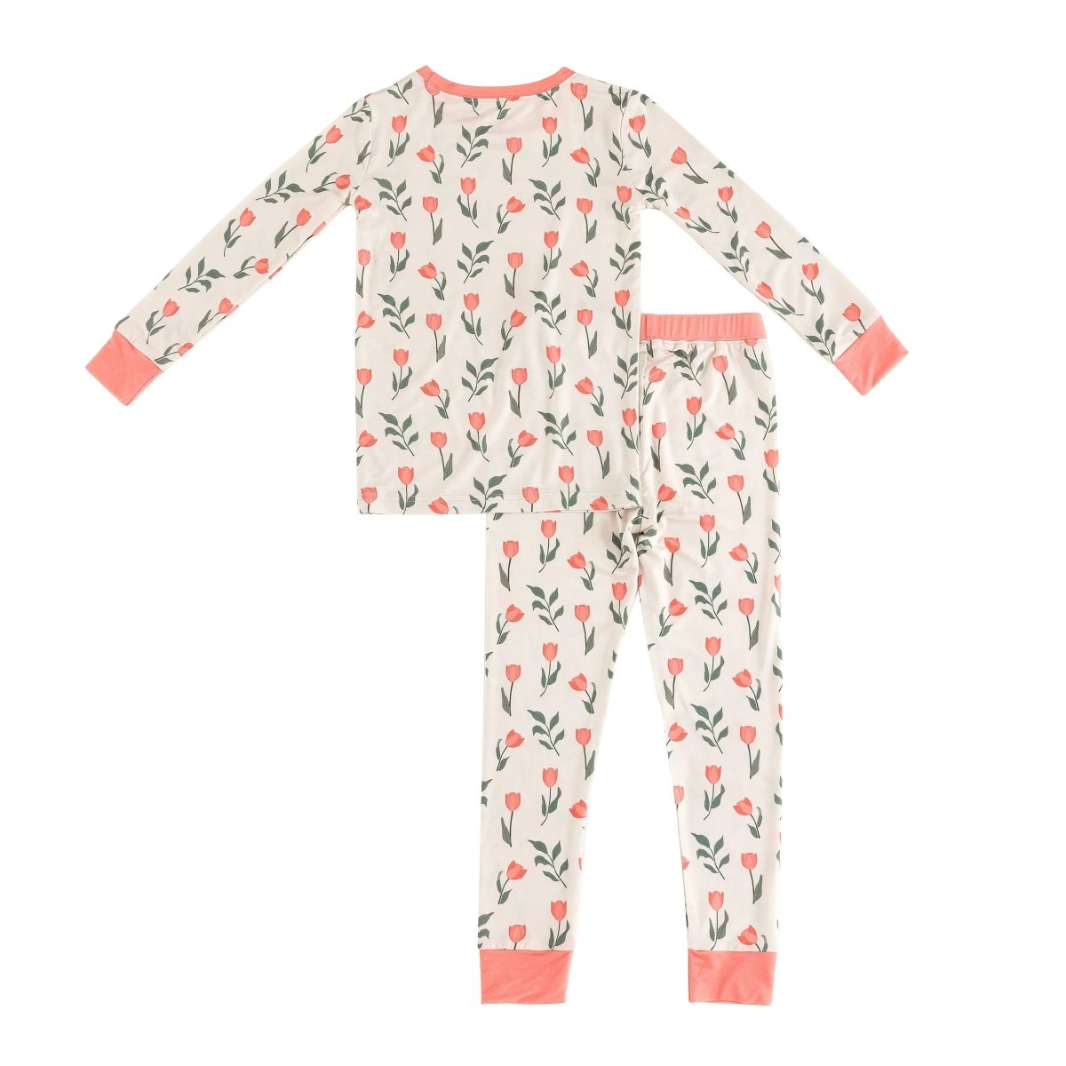 Dreamlet Tulip Print Long Sleeve Pajama Set With Coral Trim Cozy - Everetts Place Boutique - 